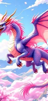 Purple dragon flying above cherry blossoms in a blue sky.