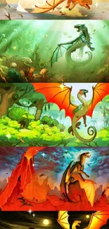 Vibrant dragon fantasy art wallpaper with diverse landscapes.