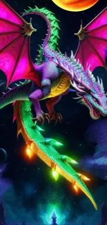 Vibrant dragon with cosmic wings flying in a starry night sky.