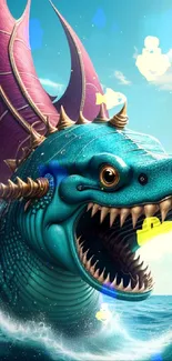 Vibrant teal dragon with fierce expression over ocean waves.