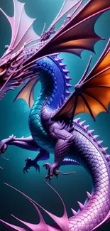 Vibrant, colorful dragon with detailed wings and scales on a fantasy wallpaper.