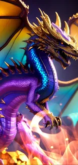 Purple dragon with vivid golden and teal wings.