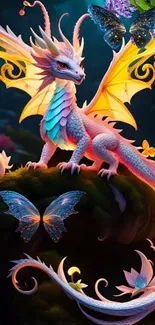 Colorful fantasy dragon with butterflies and golden wings.