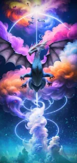 Vibrant dragon in colorful fantasy clouds.