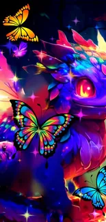 Colorful dragon and butterflies wallpaper with vibrant fantasy theme.