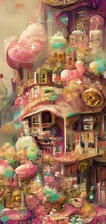 Vibrant fantasy wallpaper with whimsical buildings in pink hues.