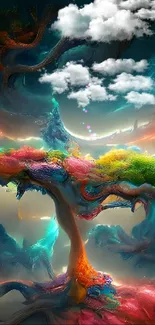 Colorful fantasy landscape with vibrant trees and surreal clouds.