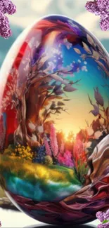 Colorful fantasy egg with trees and flowers in vibrant design.