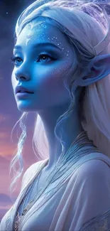 Fantasy elf with glowing blue skin in ethereal scene, mystical and enchanting.