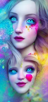 Colorful fantasy faces mobile wallpaper with vibrant, artistic design.