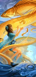 Colorful fantasy wallpaper with fish and a serene girl in blue and gold hues.