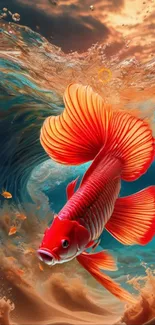 Vibrant red fish swirling in ocean waves, creating a fantasy scene.