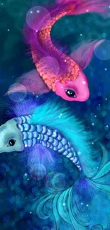 Vibrant and colorful fantasy fish swimming in an underwater scene against a blue background.