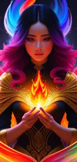 Fantasy art wallpaper with mystical figure holding a fiery flame in vibrant colors.