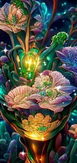 Vibrant fantasy floral art wallpaper with glowing flowers in teal and gold tones.