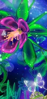 Vibrant fantasy floral wallpaper with luminous butterflies.