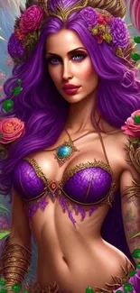 Fantasy wallpaper with a purple-haired woman adorned with flowers.