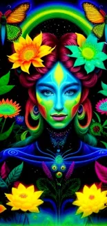 Fantasy art wallpaper of a mystical woman with neon flowers and butterflies.