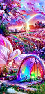 Colorful fantasy landscape with flowers and rainbow.