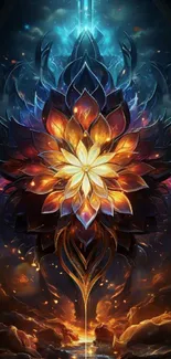 Vibrant 3D fantasy flower art wallpaper with blue and orange hues.