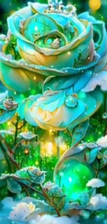 Fantasy flower wallpaper with vibrant teal rose.