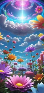 Fantasy flowers bloom under a vivid cosmic sky.