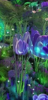 Fantasy wallpaper with glowing purple flowers and enchanted garden scene.