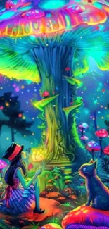 Vibrant forest with a girl and dog under neon mushrooms.