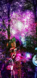 Vibrant fantasy forest with purple hues and mystical elements.