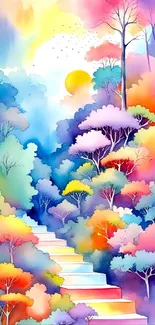 Colorful fantasy forest path with vibrant trees and sunny sky.