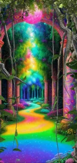 Enchanting forest path with rainbow colors and lush greenery.