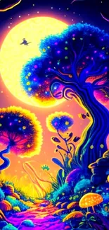 Vibrant fantasy forest wallpaper with a glowing moon and magical trees.