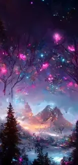 Fantasy forest with vibrant purple hues and glowing magical elements.