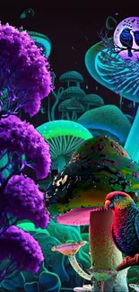 Neon fantasy forest with colorful parrot and vibrant mushrooms.