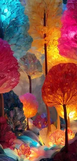 Vibrant fantasy forest with colorful trees.