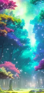 Vibrant fantasy forest wallpaper with colorful trees and sparkling night sky.