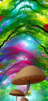 Fantasy forest wallpaper with vibrant colors and mushrooms, perfect for mobile screens.