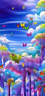 Vibrant abstract forest with surreal clouds and colorful trees.