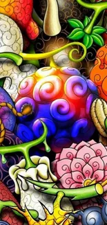 Vibrant fantasy fruit design with multicolored swirls.