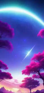 Vibrant pink and purple fantasy landscape under a bright planet.