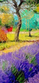 Artistic wallpaper of fantasy garden with vibrant colors and surreal design.