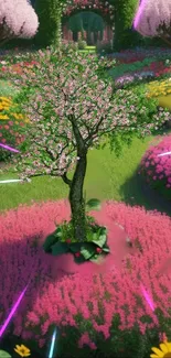 Fantasy garden with blooming trees and colorful flowers, creating a vibrant scene.