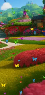 Colorful fantasy garden with lush hills and vibrant flowers, perfect for mobile wallpaper.