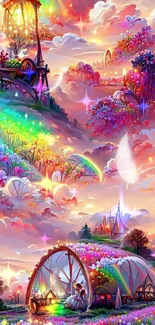 Magical fantasy garden with vibrant flowers and colorful skies.