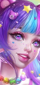 Vibrant fantasy girl with colorful hair and starry accents.