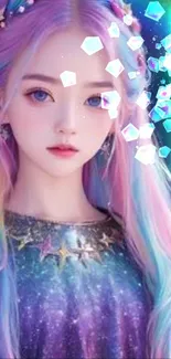 Fantasy girl with pastel rainbow hair and stars on a vibrant background.