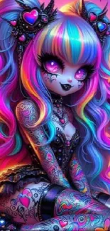 Vibrant fantasy gothic anime wallpaper with colorful and tattooed character.