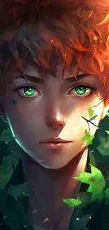 Fantasy art with green-eyed character surrounded by leaves.