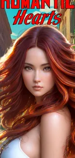 Vibrant fantasy portrait of a red-headed woman with flowing hair.