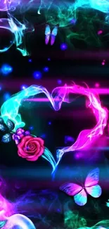 Vibrant neon heart with butterflies and flowers in fantasy style.